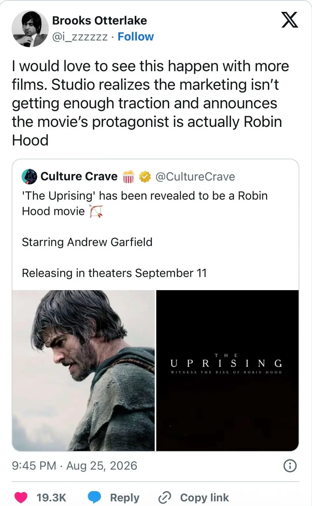 اندرو گارفیلد (Andrew Garfield) در نقش رابین هود در فیلم The Uprising