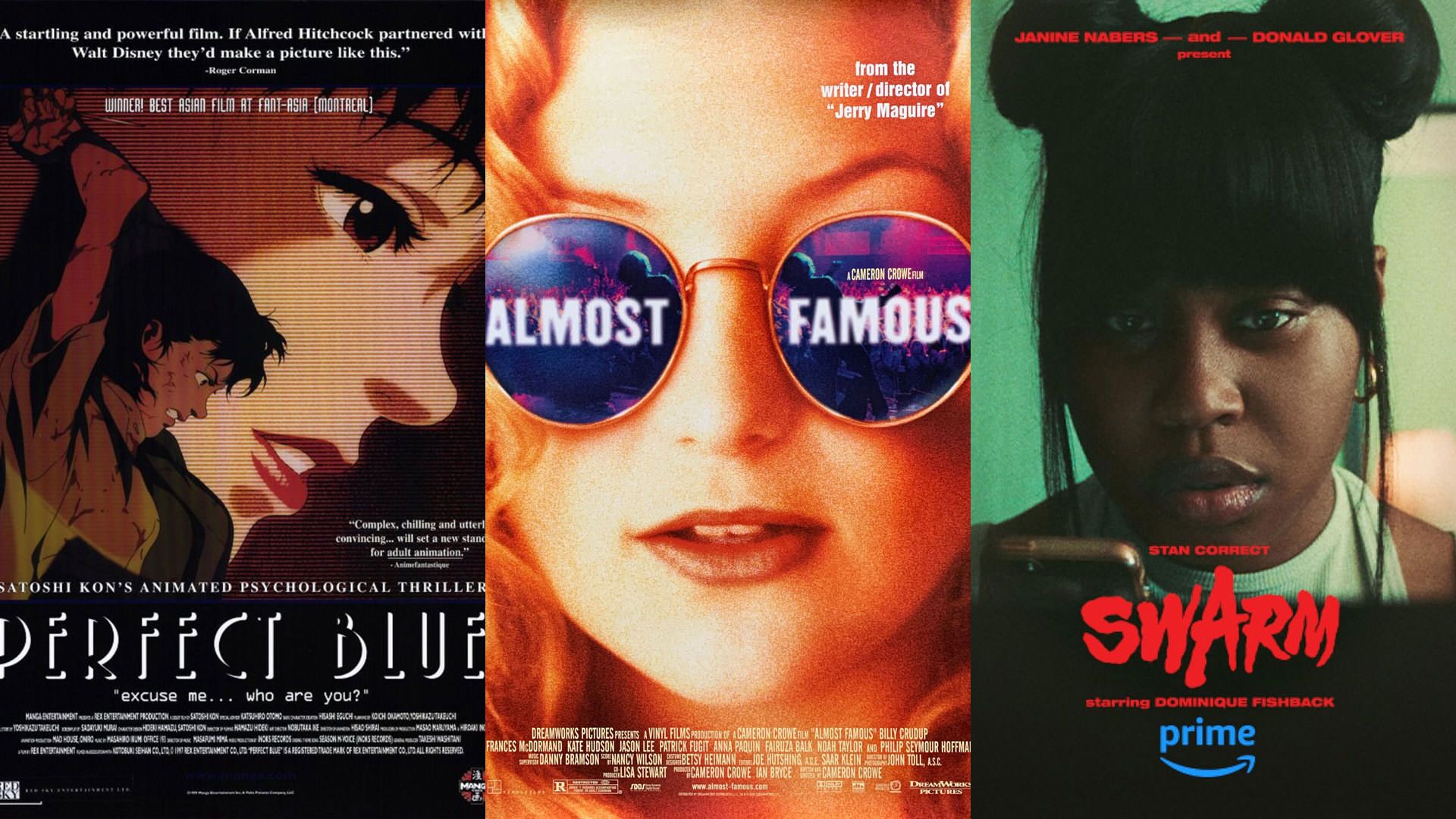 پوستر مینی سریال توده در کنار پوستر فیلم تقریبا مشهور کامرون کرو و انیمه آبی کامل ساتوشی کن