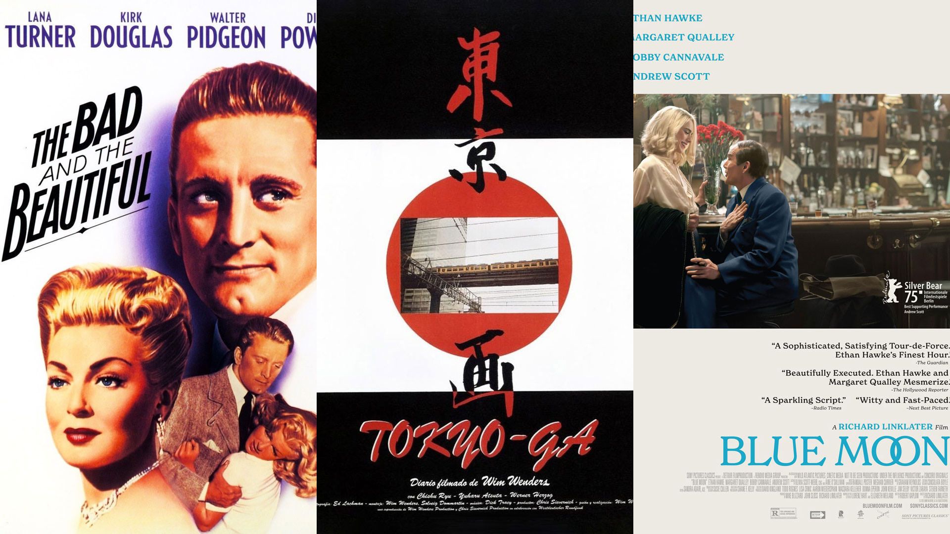 پوستر فیلم ماه آبی ریچارد لینکلیتر در کنار پوستر مستند تصاویری از توکیو ویم وندرس و فیلم بد زیبا وینسنت مینلی