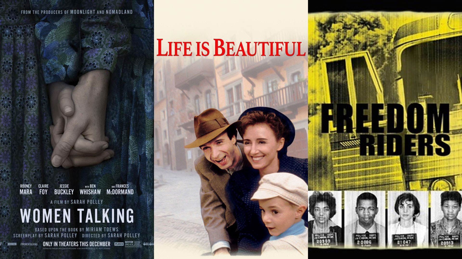 پوسترهای فیلم‌های حرف‌های زنانه به کارگردانی سارا پلی و زندگی زیباست به کارگردانی روبرتو بنینی در کنار پوستر مستند سواران آزادی