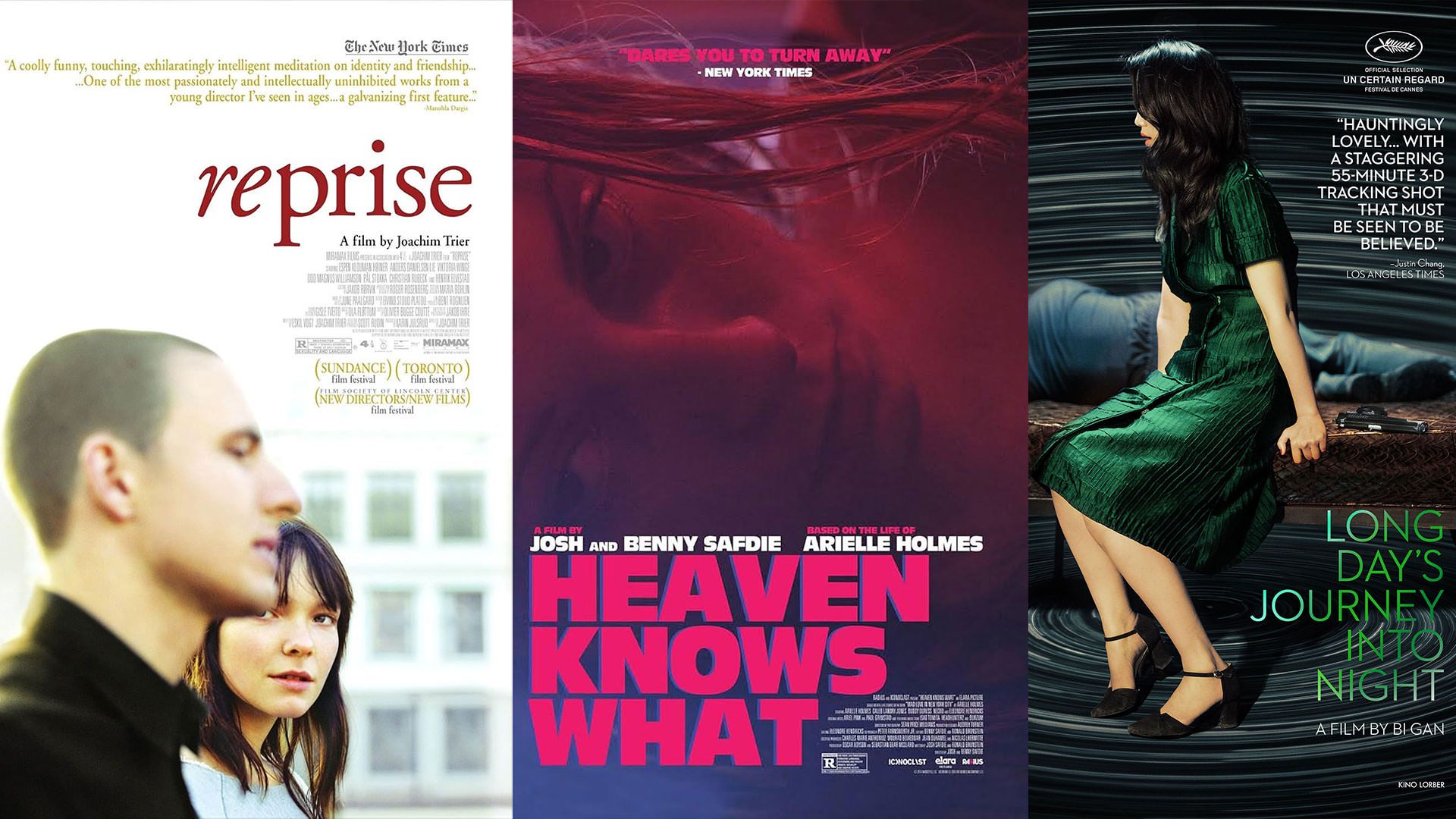 پوسترهای فیلم‌های سفر دراز روز در شب به کارگردانی بی گان، خدا می‌دونه چی به کارگردانی برادران سفدی و تکرار به کارگردانی یواکیم تریه