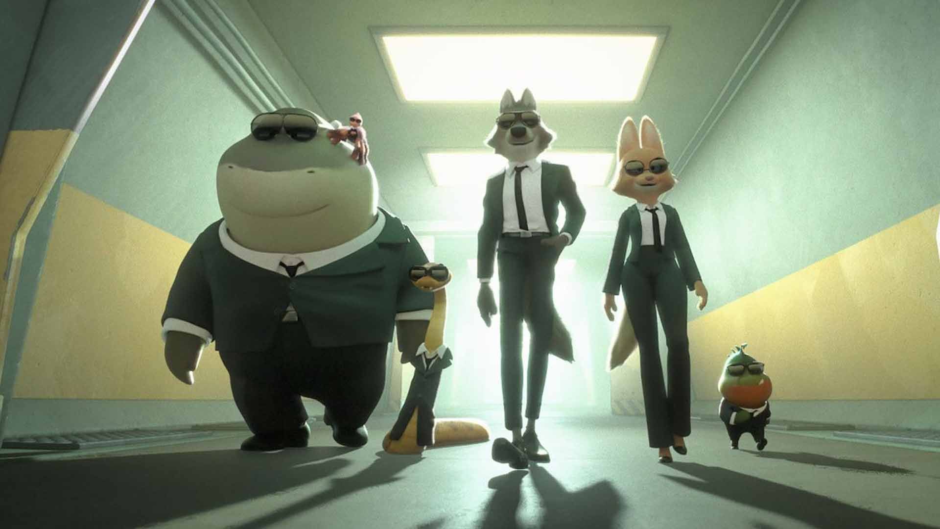 کاراکترهای اصلی انیمیشن The Bad Guys 2 با کت و شلوار مشکی