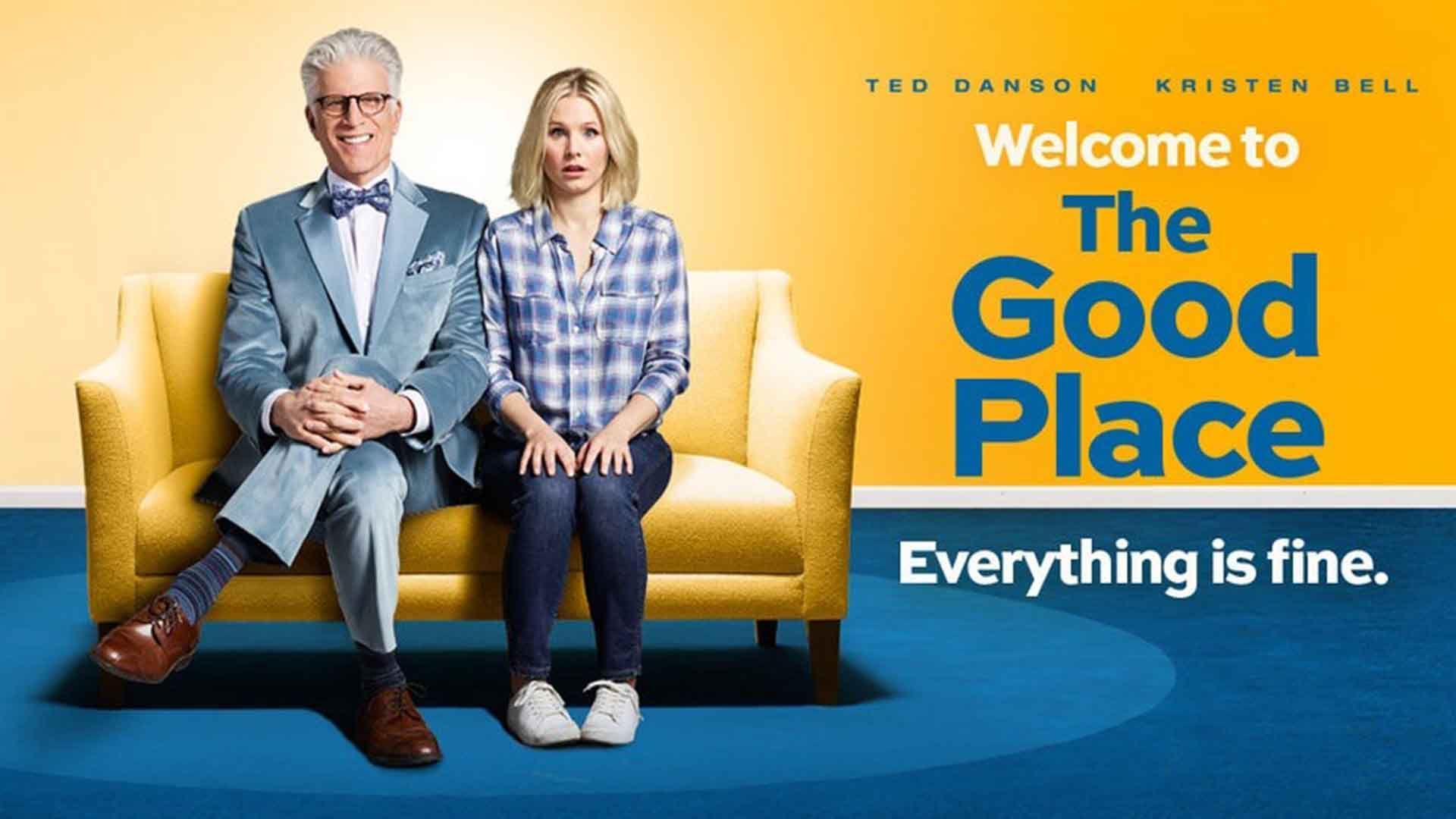 شخصیت النور و مایکل در کاور سریال The Good Place روی مبل نشستند
