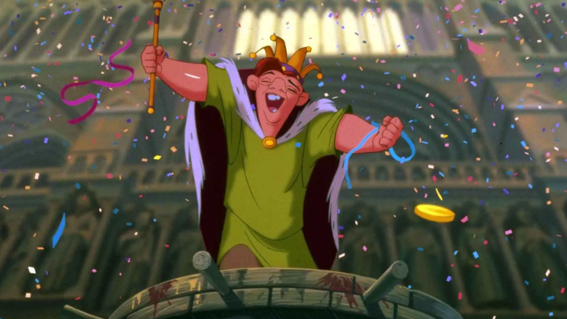 کوازیمودو در حال خوشحالی کردن در انیمیشن The Hunchback Of Notre Dam