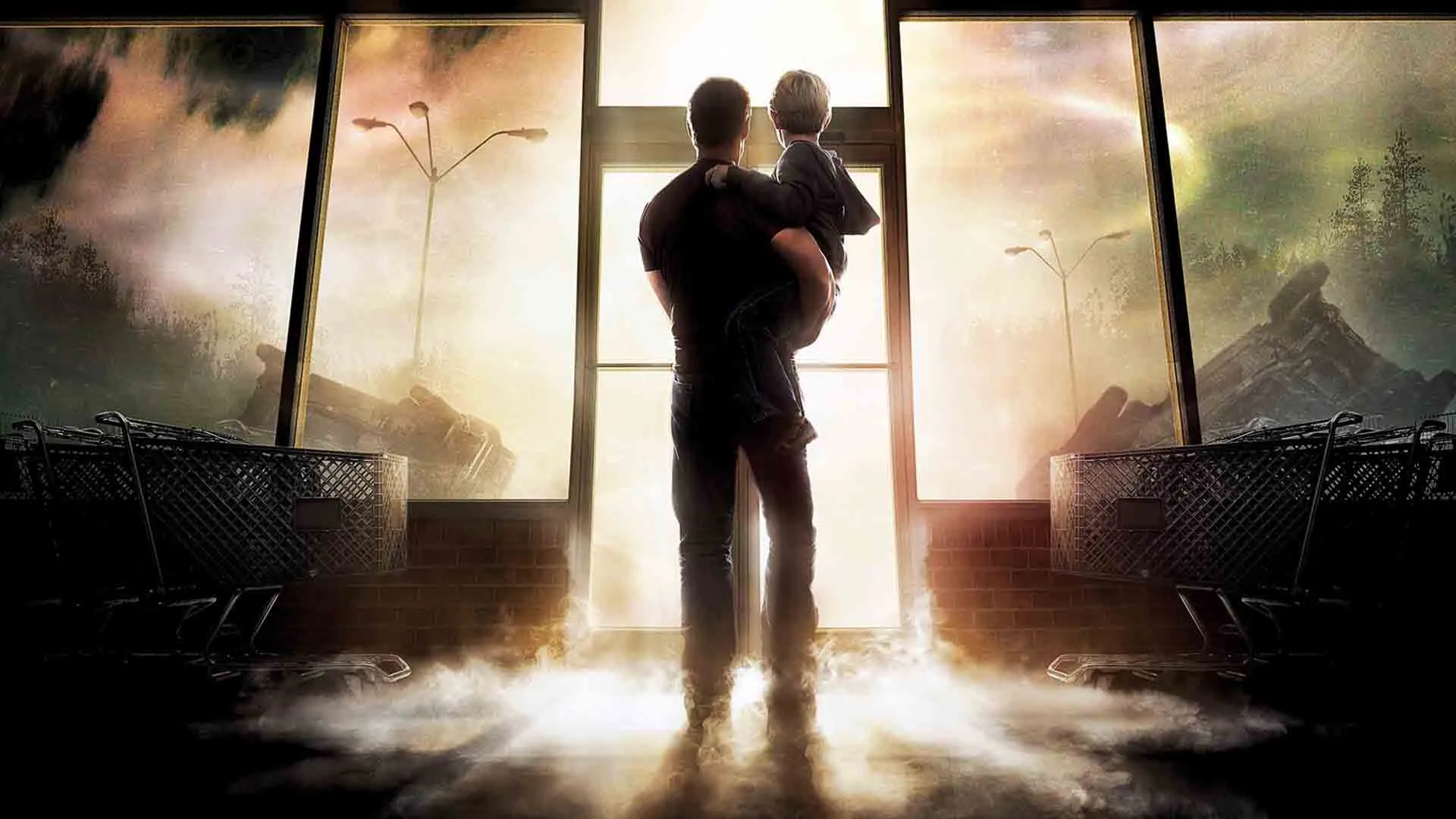 دیوید درایتون و پسرش در حال تماشای شهر در فیلم The Mist