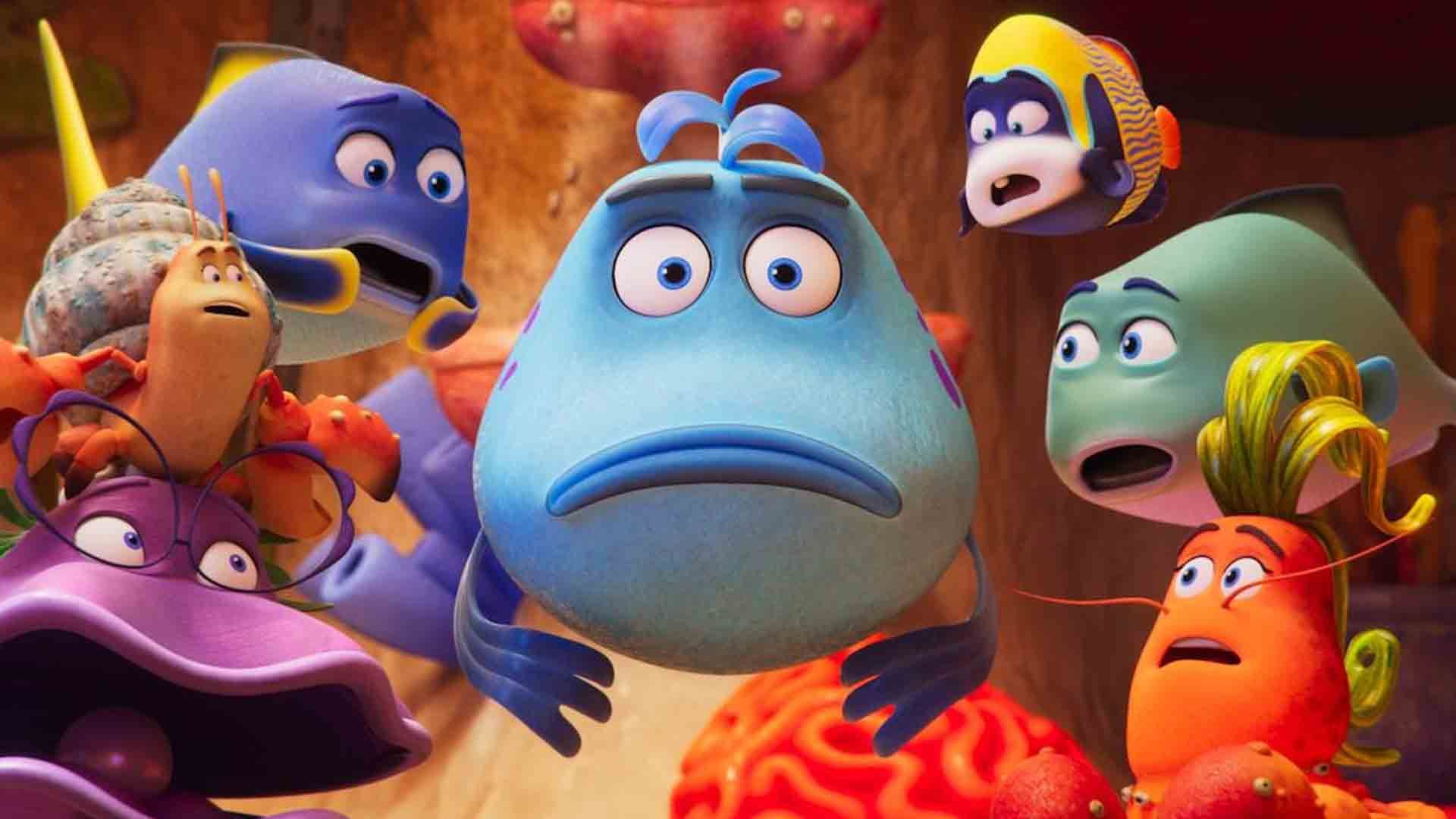 ماهی اخمو در کنار ماهی‌های دیگر در انیمیشن The Pout-Pout Fish