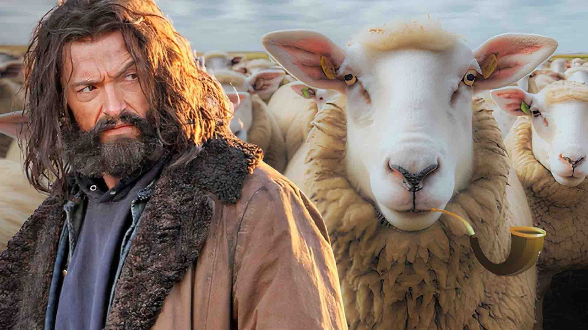 پوستر ساختگی از هیو جکمن و چند گوسفند در فیلم The Sheep Detectives