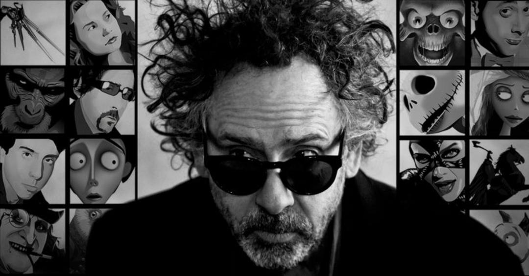 تیم برتون (Tim Burton) با عینک آفتابی در میان کلاژ شخصیت‌های انیمیشن