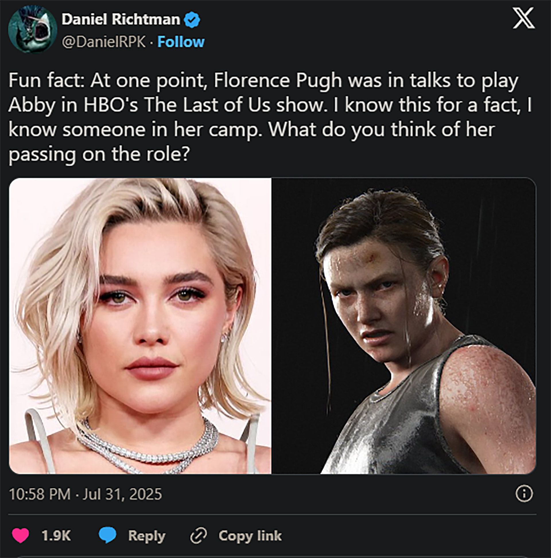 فلورنس پیو در کنار شخصیت اَبی سریال The Last of Us