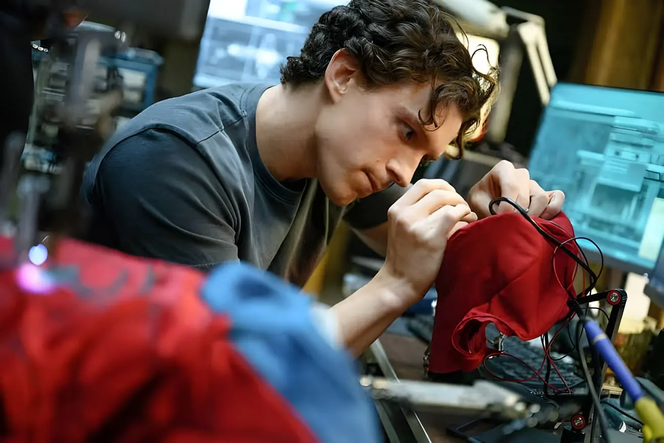 تام هالند (Tom Holland) در حال بررسی لباس مرد عنکبوتی
