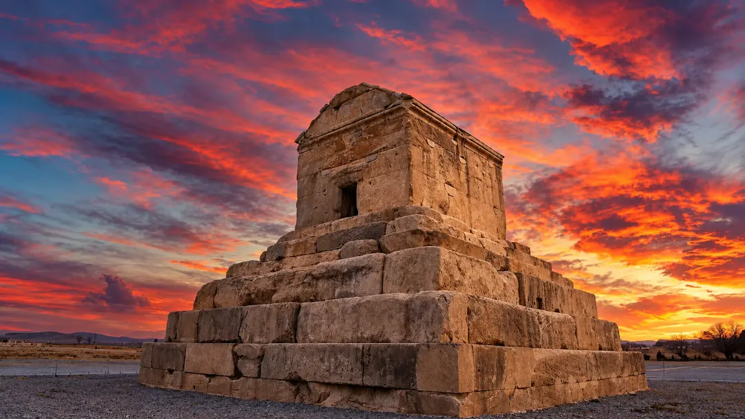 آرامگاه کوروش کبیر (Cyrus the Great) در بنای پلکانی پاسارگاد زیر آسمان غروب
