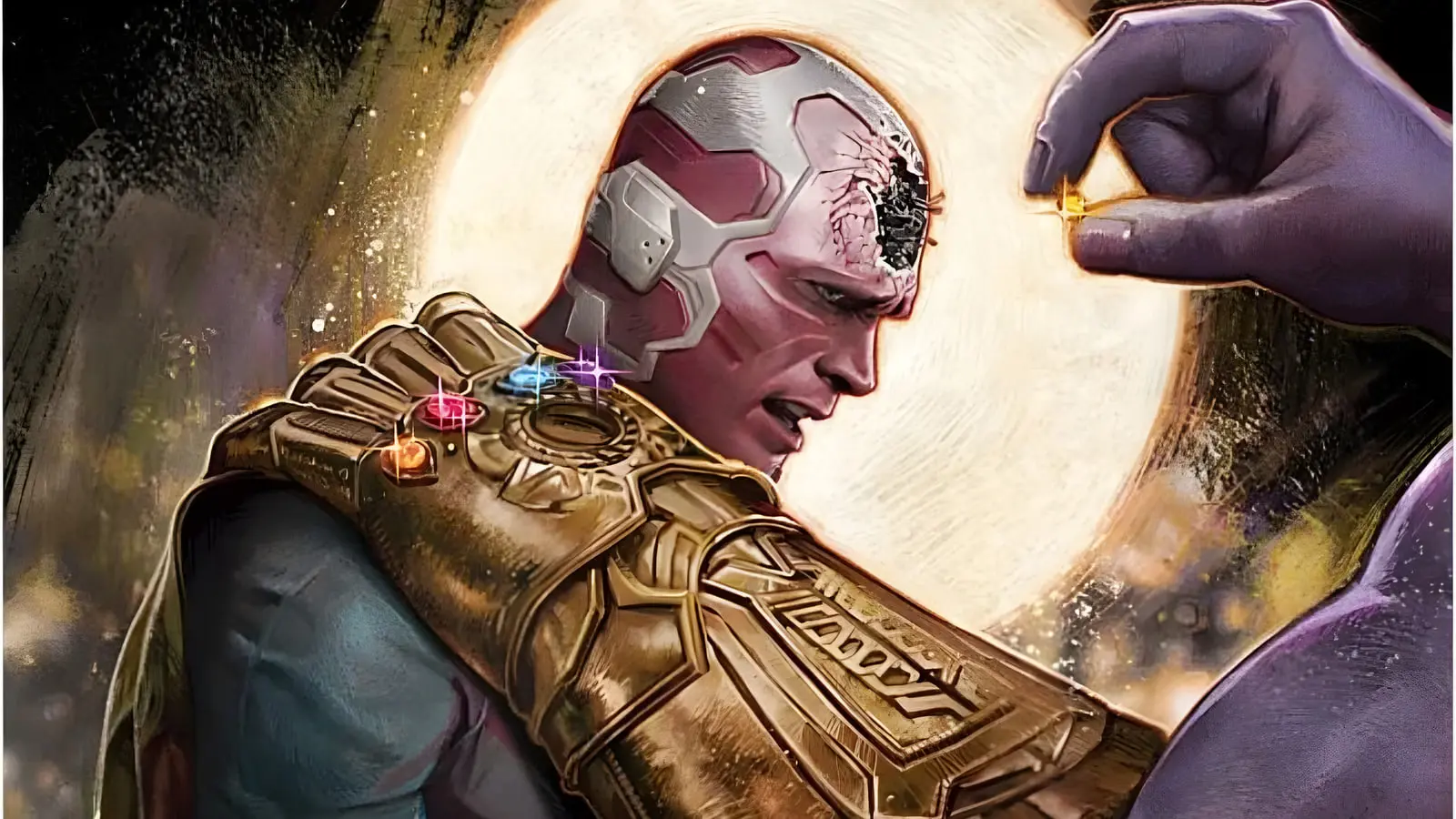 ویژن (Vision) با زره طلایی در مقابل دست تانوس (Thanos)